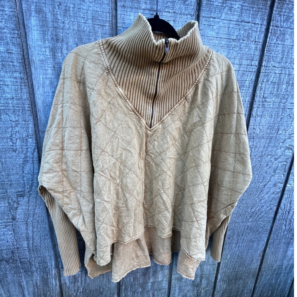 Free People FP One XS Camel Poncho Sweater Zip Funnel Neck Lagenlook Boho Artsy